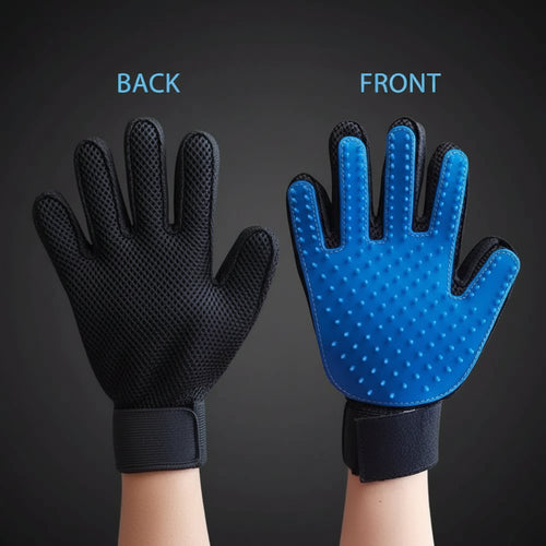 A pair of dual-sided pet grooming gloves shown on hands, labeled BACK and FRONT. The back side is black with a textured grip, and the front side is bright blue with soft silicone nubs, set against a plain white background.
